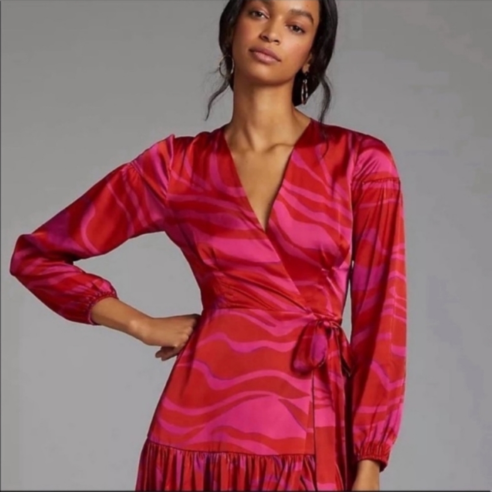 ANTHROPOLOGIE Zebra Striped Wrap Maxi Dress V-Neck Puffed Sleeve Hutch Pink NWT